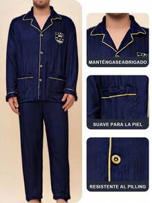 COTOLO Conjunto de Pijama Hombre Gris de Seda Suave, Manga Larga con Bordes Dorados, Diseño Elegante con Escudo, Cálido y Confortable, Regalo de Navidad - Azul - Ver 5
