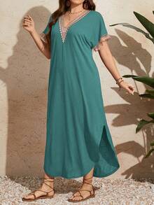 Breezaya Đầm ren tay ngắn cổ chữ V dáng rộng cho nữ cỡ lớn - màu xanh lá - Xem 6