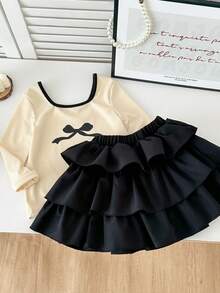 Genkimix Kids 2件套女童蝴蝶结印花休闲时尚船领T恤+纯色休闲时尚蛋糕裙 - 杏色 - 查看 4