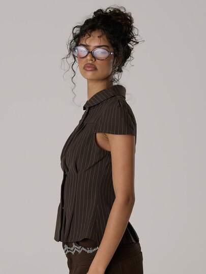 SHEIN X Scot Louie MUSERA Áo sơ mi tay cánh hoa, eo thắt, kẻ sọc, phong cách mùa xuân hè, dễ thương, ấm áp, kiểu nhà tranh, Y2K, Coco Cloud, thường ngày, công sở, thanh lịch.