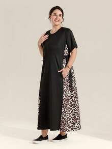 Momelise Robe ample en tricot léopard avec patchwork, col rond, grande taille - Multicolore - Voir 7
