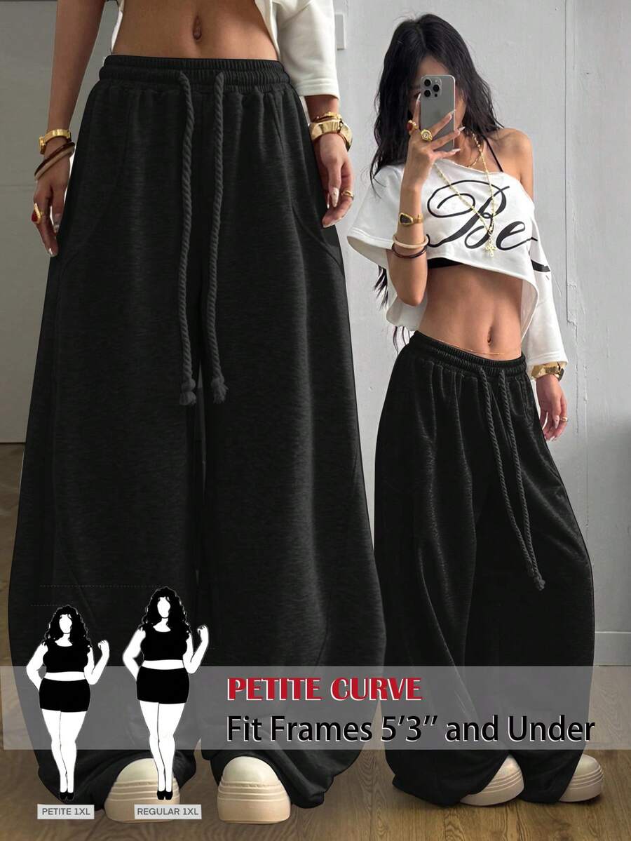 SHEIN PETITE CURVE 大码时尚百搭纯色弯腿裤，阔腿运动裤，宽松裤，女士春季休闲裤，外出休闲裤，黑色 - 黑色 - 查看 1