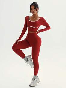 Dewbera Conjunto Esportivo Sem Costura Feminino, Top de Manga Longa com Listras Contrastantes e Legging Justa com Cintura Contrastante