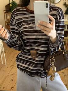 DAZY Autumn New Striped Women Round Neck Drop Shoulder Long Sleeve Casual T-Shirt - Burgundy - View 5