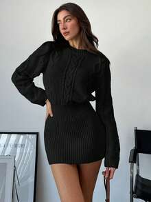 Aloruh Women Loose Top Tight Bottom Mini Round Neck Pullover Sweater Dress - Black - View 6