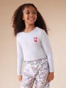 SUMWON 樱桃刺绣长袖露脐圆领纯棉休闲少女印花T恤 度假 - 灰色 - 查看 4