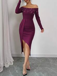 Elenzga Women's Open Shoulder Long Sleeve Ruched High Slit Pearl Design Bodycon Dress For New Year Clothes - Red Violet - View 7