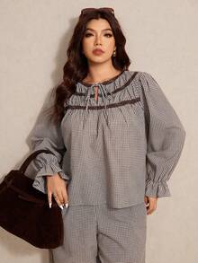 Elaquor Plus Size Women Plaid Front Tie Flare Sleeve Shirt And Wide Leg Pants Casual 2 Pieces Set - Coffee Brown - View 5