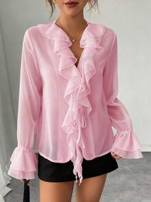 Rafferiza French Elegant Solid Color Chiffon Lantern Sleeve V-Neck Tie Waist Loose Regular Blouse For Women, Autumn Fall Cloth For Women - Pink - View 4