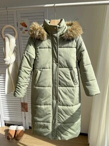 SHEIN Tween Girls Casual Fashionabla Militär Grön Pälskrage Lång Dragkedja Knapp Bekväm Utomhus Skid Elegant Vadderad Kappa - Armé Grön - Visa 3