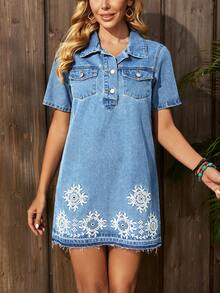 SHEIN LUNE Women's Floral Embroidery Button Half-Placket Short Sleeve Casual Denim Dress - Medium Wash - View 4