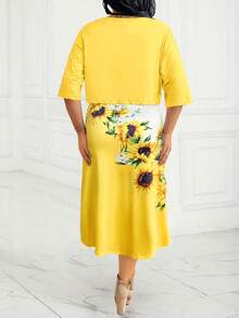 SHEIN EMERY ROSE CURVE 2pcs V-Neck Sleeveless Dress & Short Sleeve Open Front Cardigan Set - Yellow - View 2