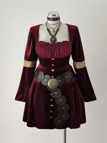 Sunspun Fashionable Square Neck Elastic Velvet Waist Dress - Burgundy - View 5