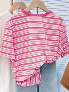 SHEIN 复古彩色条纹女式短袖T恤，休闲圆领上衣，大码，夏季 - 彩色 - 查看 2