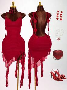 Amplova Women's Mid-Length Dress With Draped Neckline, Drawstring, Ruffle Trim, Flounce Hem, Spaghetti Straps, Backless, Floral Print, Fashionable & Sexy Red Dress Rouche Dress - Bright Red - View 6