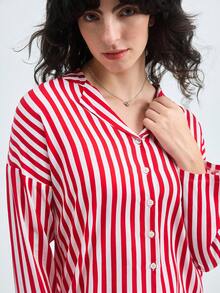 Loungeista 女士宽松纽扣条纹长袖上衣和松紧腰裤家居服套装（2件套），冬季服装 - 紅白色 - 查看 6