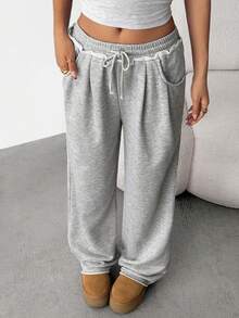 少女休闲运动时尚街头抽绳口袋宽松阔腿裤，阔腿运动裤，Y2K - 淺灰色 - 查看 10