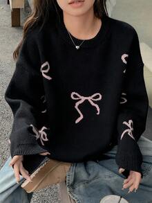 DAZY 女士休闲宽松圆领长袖蝴蝶结针织毛衣 - 黑色 - 查看 5