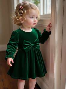 SHEIN 幼儿绿色天鹅绒束腰优雅高端派对场合连衣裙、礼服 - 綠色 - 查看 7