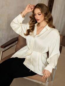 Roveilla Plus Size Women's French Elegant Luxurious Chic Christmas Party Minimalist High-End Casual Resort Workwear Vintage Comfortable Solid Satin Collared V-Neck Open Front Belted Flared Long Sleeve Shirt, Spring/Autumn/Winter Curvy Blouses Plus Size Blouses White Elegant Blouses Cream Blouse Plus Size Women Clothes Blouse