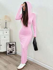 SHEIN EZwear 女士春季连帽抽绳修身长袖针织紧身连衣裙 - 粉色 - 查看 5