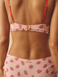 Aralina Women's 2pcs Strawberry Printed Mesh Fabric With Contrast Straps Frill Detail Bralette And Brief Set, Christmas And Valentine's Cute Matching Set - Pink - View 2