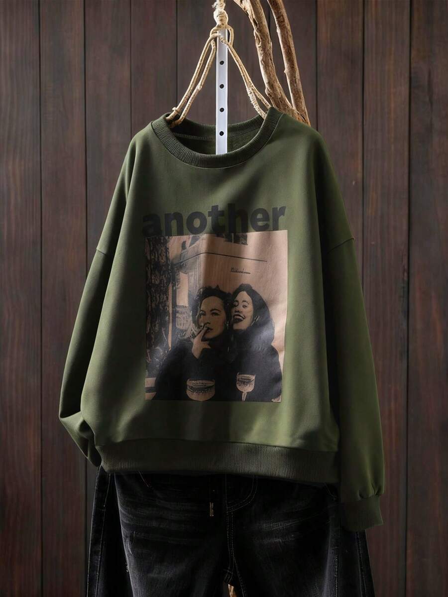 女士休闲印花长袖卫衣，适合户外、旅行、日常穿着，舒适合身 - 軍綠色 - 查看 1