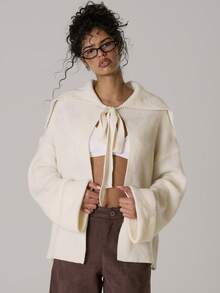 MUSERA 翻领细节，翻折袖口，柔软罗纹针织套头衫，休闲可爱，冬季舒适居家针织衫，Coco Cloud - 奶油色 - 查看 1