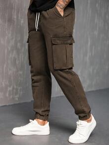 Manfinity Homme Men's Drawstring Waist Cargo Pocket Casual Tapered Jeans - Coffee Brown - View 4