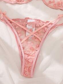 PetitDoll 2pcs Embroidered Mesh Women Sexy Lingerie Set (With Underwire/Thong)