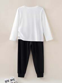 Mr Men Little Miss X SHEIN Young Girl Letter & Cartoon Graphic White Crew Neck Long Sleeve Sweatshirt And Black Pants Set - Multicolor - View 2