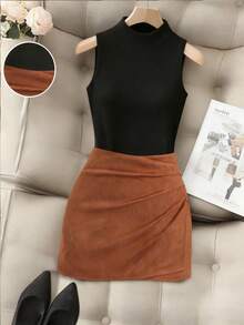 Franclia 1 Set Women's Elegant Black Sleeveless Top And Brown Suede Skirt, Spring/Autumn - Black - View 1