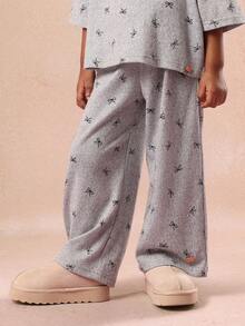 SUMWON Girls Boxy Bow Print Set Short Sleeve Top Wide Leg Pants Comfortable Two Piece Coordinated Pajama Outfit Casual Sleepwear - Grey - View 6