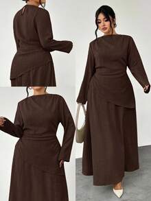 Firerie Elegantes Lässig-Outfit, Große Größen: Langarm-Bluse mit asymmetrischer geraffter Taille und schlankem Schnitt + A-Linien-Rock mit geflustertem Saum, 2-teiliges Set, geeignet für Frühling, Sommer, Herbst, Winter - Kaffeebraun - Übersicht 1