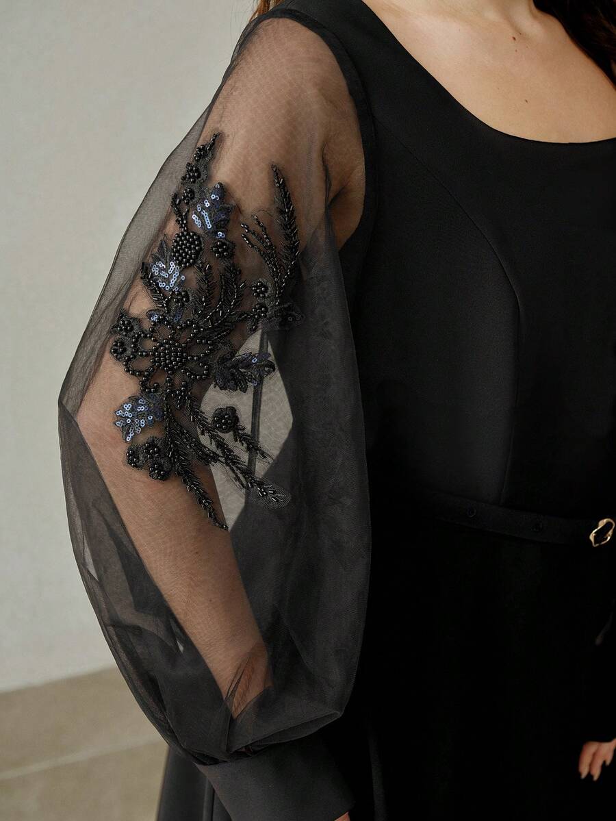 MOTF PREMIUM 大码女式刺绣长袖派对鸡尾酒礼服，春夏款 - 黑色 - 查看 2