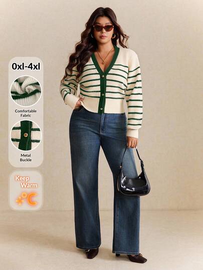 Elaquor Cárdigan casual de manga larga con cuello en V a rayas para mujer de talla grande en otoño/invierno