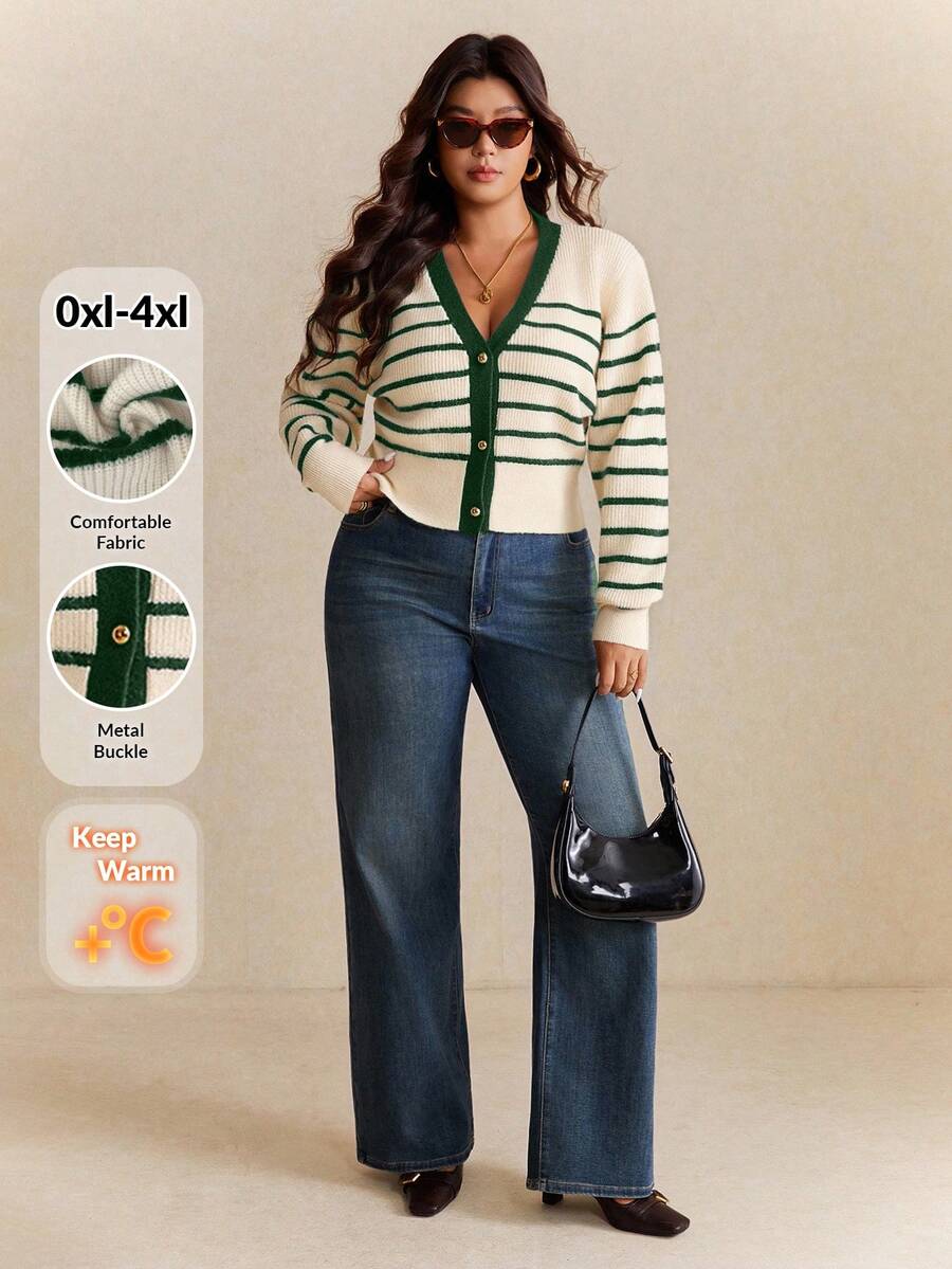 Elaquor Cardigan Lengan Panjang Bergaris Leher V Kasual Ukuran Plus untuk Wanita, Cocok untuk Pakaian Musim Gugur/Dingin untuk Wanita - Hijau - View 1
