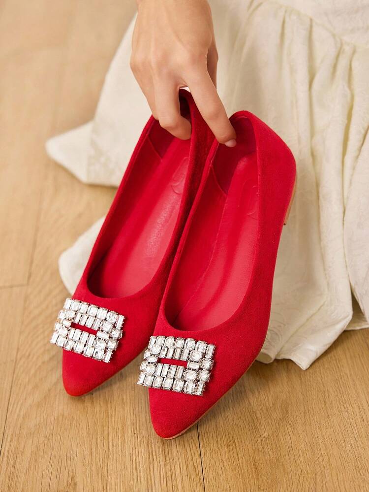 CUCCOO HITCHD Women Summer New Rhinestone Buckle Pointed Toe Flats, Luxurious Elegant Romantic Red Satin Flat Shoes, Bride/Bridesmaid Formal Dress Shoes For Wedding, Party, Formal Occasions