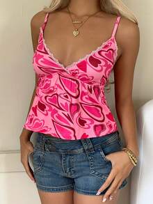 CovetEZ Áo nữ mùa xuân mới 2026, Áo nữ ngày Valentine, Áo nữ họa tiết thường ngày, Áo hồng, Áo hai dây mùa hè thường ngày với họa tiết ren phối họa tiết ngọt ngào và thoải mái dành cho ngày Valentine. - Hồng - Xem 3