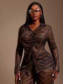 Radiana 两件套女士休闲斑马纹透视网纱上衣和高腰长裤套装，街头风度假装，春夏款 - 棕色 - 查看 3