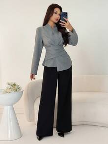 Modelyn 女士优雅灰色长袖A字褶皱衬衫，收腰设计，披肩领，秋季款 - 灰色 - 查看 5