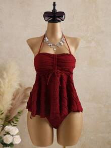 Bellisia Women's Lightweight Vacation Special Textured Fabric Burgundy Strapless Detachable Strap Mini Skirt Cute Camisole Red Bikini  Women's Beach Bikinis Summer 2026 Summer Outfits For Women Beach Dress  Beach Outfits For Women Elegant Casual Summer Holiday Outfits  Vacation Outfits For Women Red Fashionable Backless  Halter Neck Camisole For Women Bohemian Style Backless Casual Vacation Halter Top, Suitable For Christmas, Valentine's Day, New Year, Party, Beach, Music Festival, Tropical Holiday Strapless Tankini Swimsuit Burgundy Swimsuit Vintage Bathing Suit Crochet Swimsuit Women Strapless Romper For Women Burgundy Swimsuit Spring Summer - Burgundy - View 4