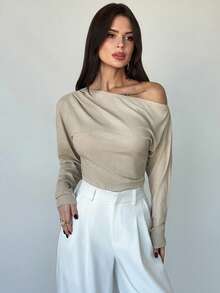Firerie Women's Elegant Unique Asymmetrical Shoulder Ruched Long Sleeve T-Shirt,Khaki Thermal Lined Pullover,Autumn Brunch Elegant Casual Waist Pleated Top - Apricot - View 3