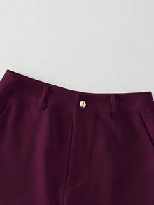 Rafferiza Áo khoác blazer nữ cổ tròn màu xanh vàng trơn cài nút + quần có túi, đa năng cho mùa thu/đông - Màu Đỏ Sâu - Xem 4