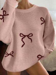 DAZY Suéter holgado de punto con cuello redondo y lazo, para mujer, de otoño/invierno - Rosa - Ver 5