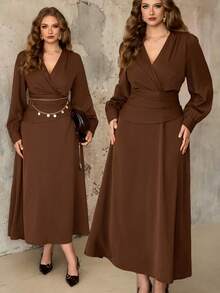 Roveilla 大码女式纯色收腰复古褶皱A字长袖中长连衣裙，巧克力棕色；松紧腰A字浪漫荷叶边长袖咖啡棕色衬里长裙；优雅法式复古街头风简约百搭复古时尚澳式休闲冬季假日感恩节下午茶派对正式场合连衣裙；秋冬新品 - 巧克力棕 - 查看 9