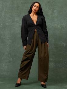 Vixey Drop Shoulder Cocoon Shape Sleeve Single Button Blazer - Black - View 4