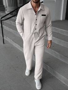 Manfinity CasualCool جمبسوت رجالية كاجوال مع جيوب، خصر بسحاب، من قماش الكوردروي، طقم رجالي من قطعتين بطراز خريفي - لون مشمشي - مشاهدة 1