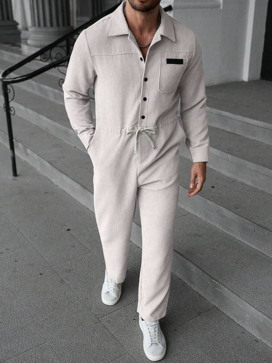 Manfinity CasualCool جمبسوت رجالية كاجوال مع جيوب، خصر بسحاب، من قماش الكوردروي، طقم رجالي من قطعتين بطراز خريفي - لون مشمشي - مشاهدة 1