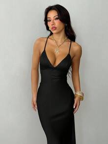 SHEIN PETITE Váy maxi dài bằng vải satin buộc lưng, cổ chữ V sâu, màu trơn, dây mảnh, không tay, dành cho nữ, váy thanh lịch, váy đi nghỉ, váy phù dâu, váy dự tiệc sinh nhật, váy trở lại trường/tốt nghiệp, váy maxi trắng - màu đen - Xem 3